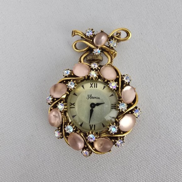 Vintage Florenza Pink Rhinestone Watch Brooch - Picture 1 of 6